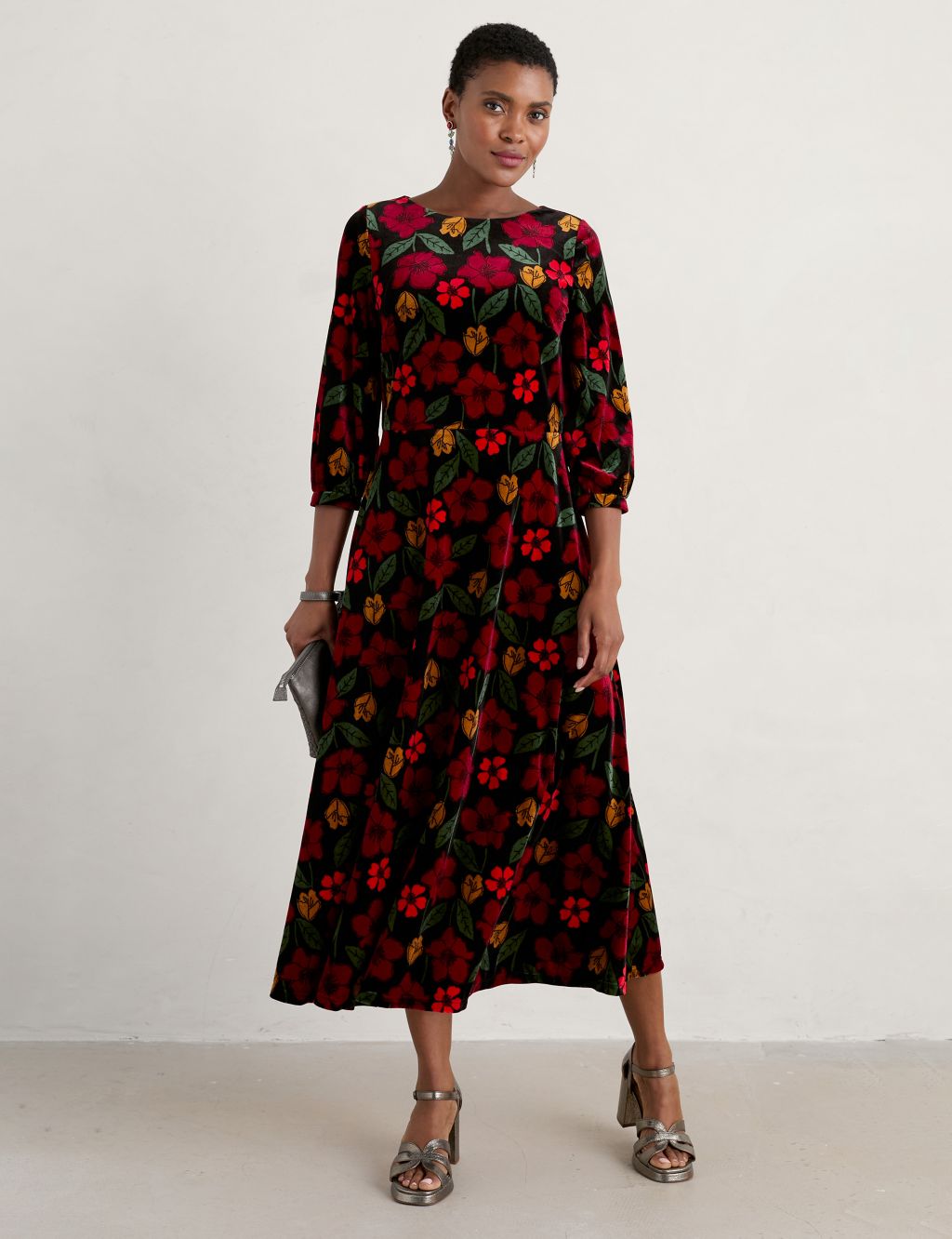 Velvet Floral Midi Waisted Dress