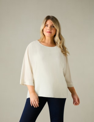 Live Unlimited London Women's Textured V-Neck Blouse - 28 - Ivory, Ivory,Blue