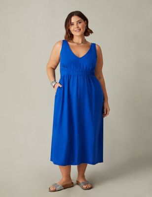 Live Unlimited London Women's Linen Rich V-Neck Midi Waisted Dress - 28 - Blue, Blue,Black