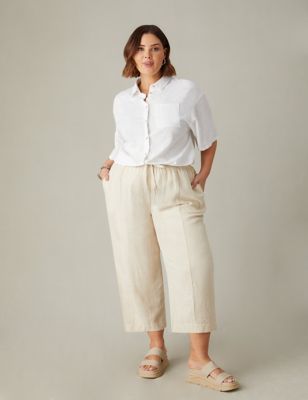Live Unlimited London Women's Linen Blend Tapered Cropped Trousers - 24 - Natural, Natural,Black