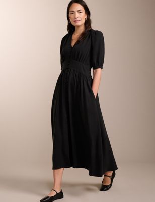 Baukjen Women's Pure Lyocell V-Neck Maxi Waisted Dress - 12 - Black, Black,Blue