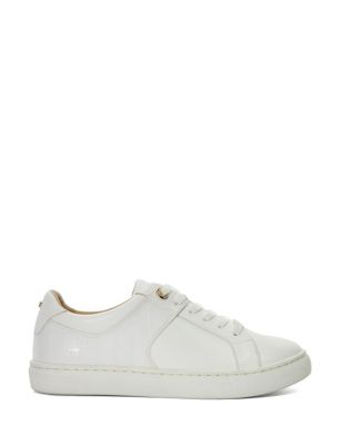 Dune London Womens Lace Up Mixed Texture Trainers - 4 - White, White,Black,Navy