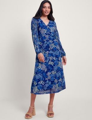 Monsoon Women's Ditsy Floral V-Neck Ruched Midi Tea Dress - Blue Mix, Blue Mix