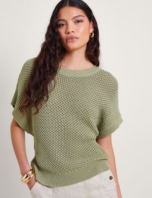Monsoon Women's Pure Cotton Textured Crew Neck Knitted Top - XL - Khaki, Khaki