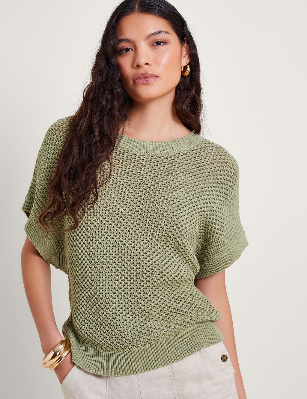Pure Cotton Textured Crew Neck Knitted Top