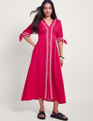 Monsoon Women's Linen Blend V-Neck Midi Waisted Dress - Pink Mix, Pink Mix