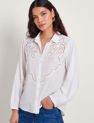 Monsoon Womens Pure Cotton Embroidered Collared Shirt - XL - White Mix, White Mix