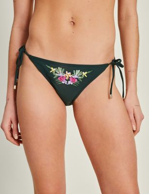 Accessorize Women's Floral Embroidered Tie Side Bikini Bottoms - 10 - Green Mix, Green Mix