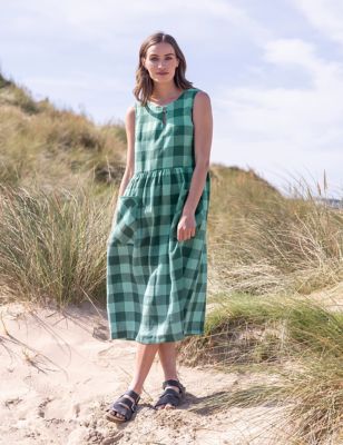 Celtic & Co. Womens Pure Linen Gingham Midi Smock Dress - 14 - Green Mix, Green Mix