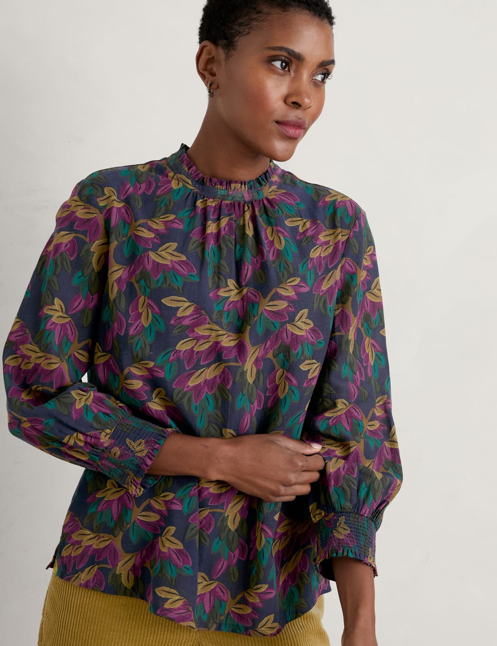 Cotton Blend Leaf Print Blouse