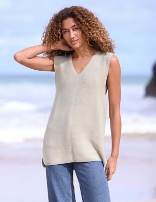 Celtic & Co. Women's Pure Cotton V-Neck Longline Knitted Vest - Oatmeal, Oatmeal