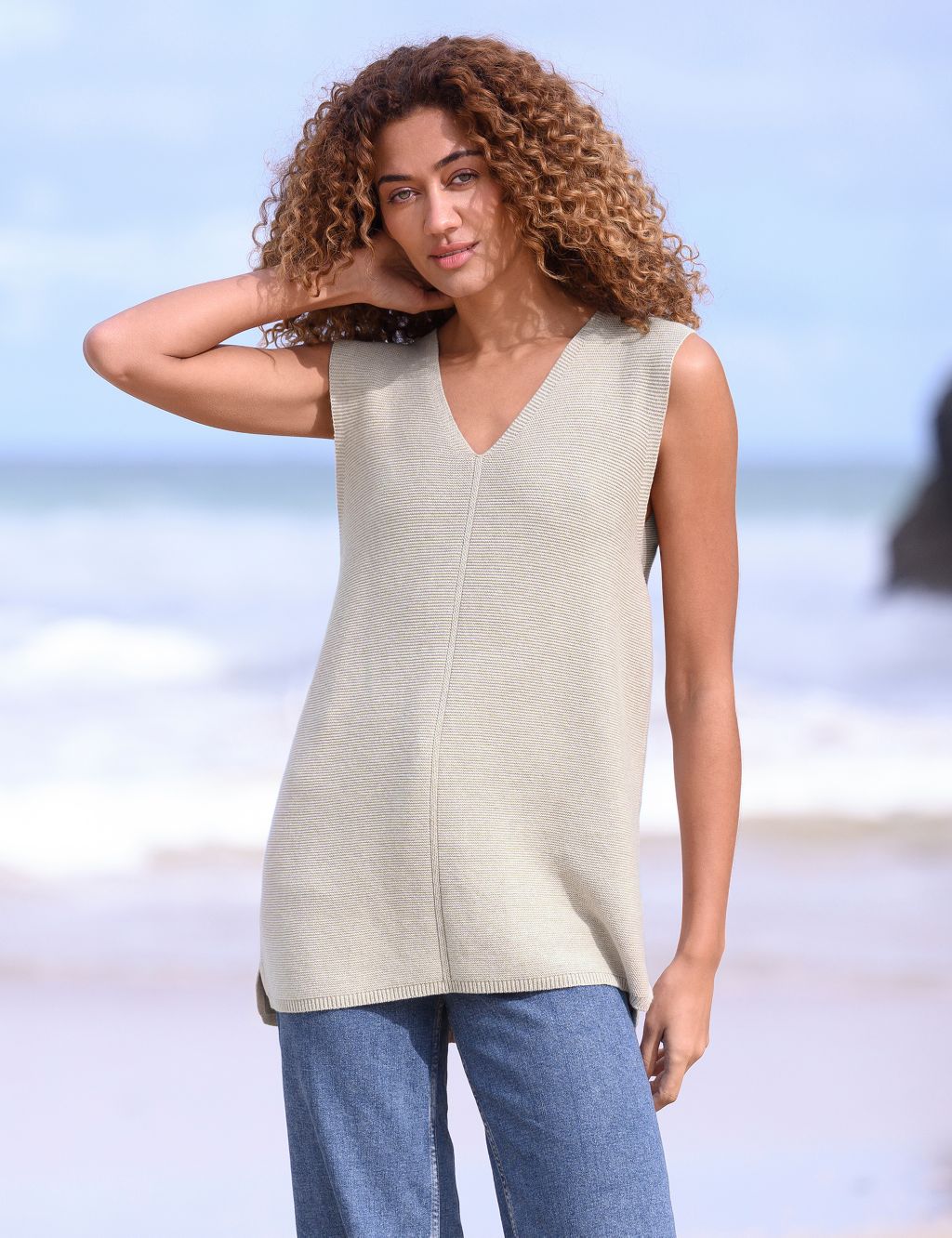 Pure Cotton V-Neck Longline Knitted Vest