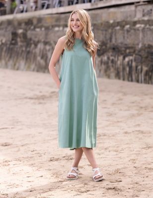 Celtic & Co. Women's Pure Cotton Jersey Pleat Detail Midi Smock Dress - 18 - Light Green, Light Gree