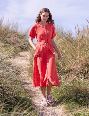 Celtic & Co. Womens Pure Linen Button Through Midi Waisted Dress - 14 - Bright Red, Bright Red,Cobal
