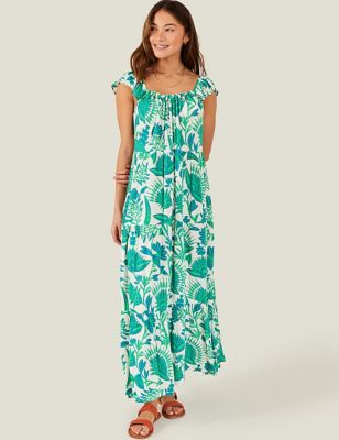 Accessorize Womens Printed Square Neck Maxi Tiered Dress - Green Mix, Green Mix