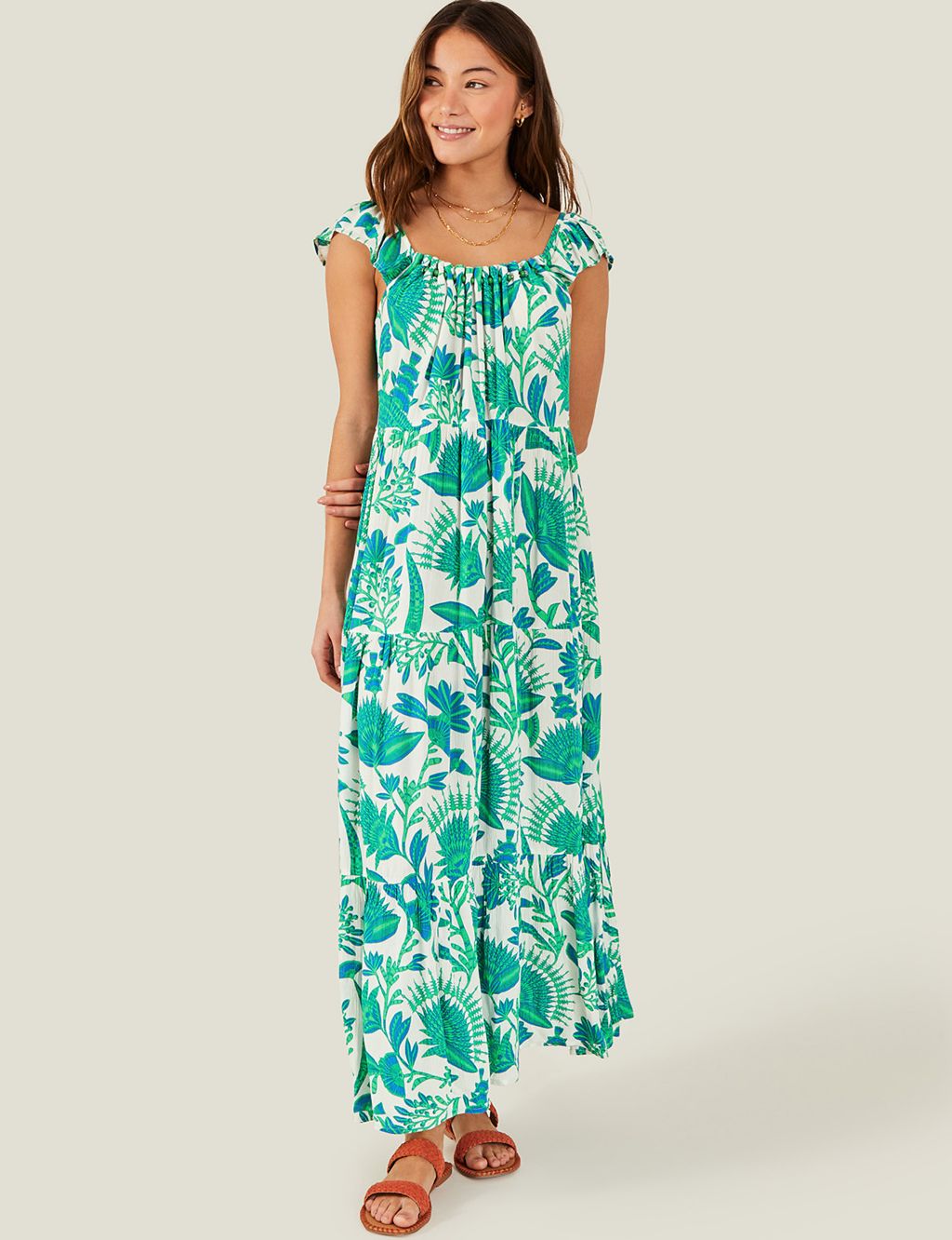 Printed Square Neck Maxi Tiered Dress