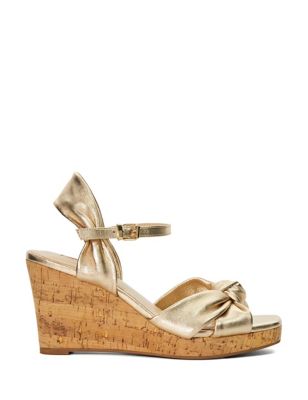 Dune London Womens Leather Knot Ankle Strap Wedge Sandals - 5 - Gold, Gold