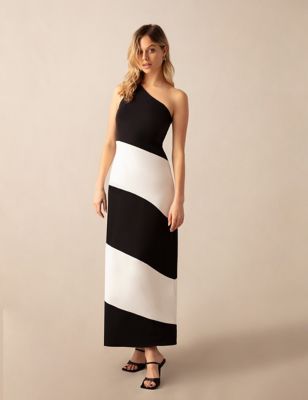 Ro&Zo Womens Striped One Shoulder Maxi Column Dress - 10PET - Black Mix, Black Mix