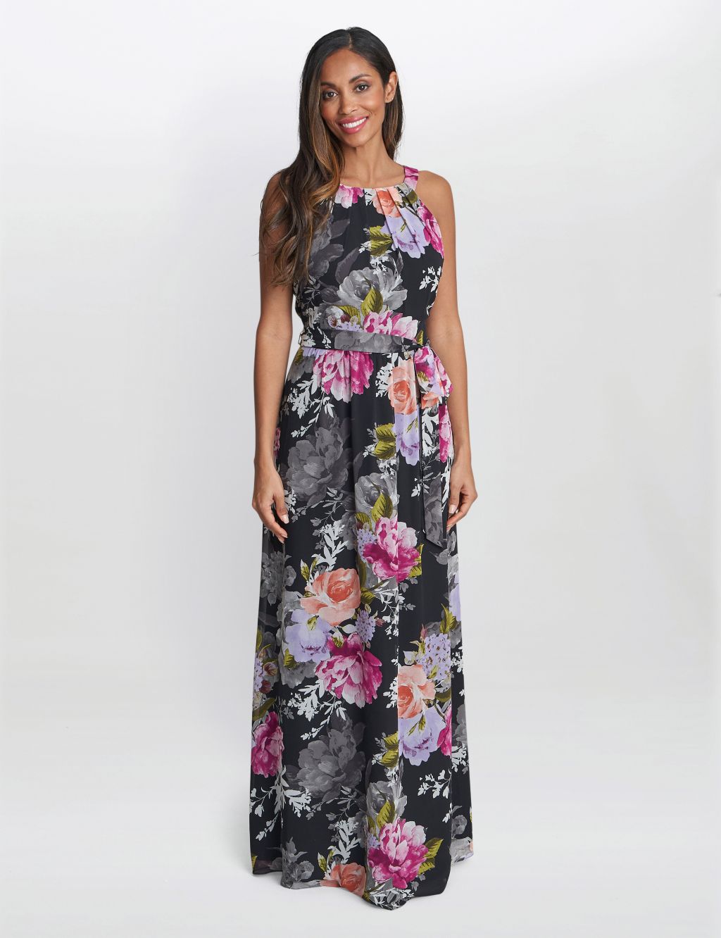 Floral Round Neck Belted Maxi Waisted Dress