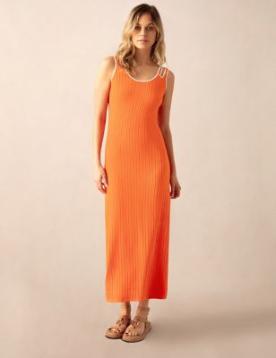 Ro&Zo Women's Ribbed Scoop Neck Midaxi Bodycon Dress - 12 - Orange, Orange,Black