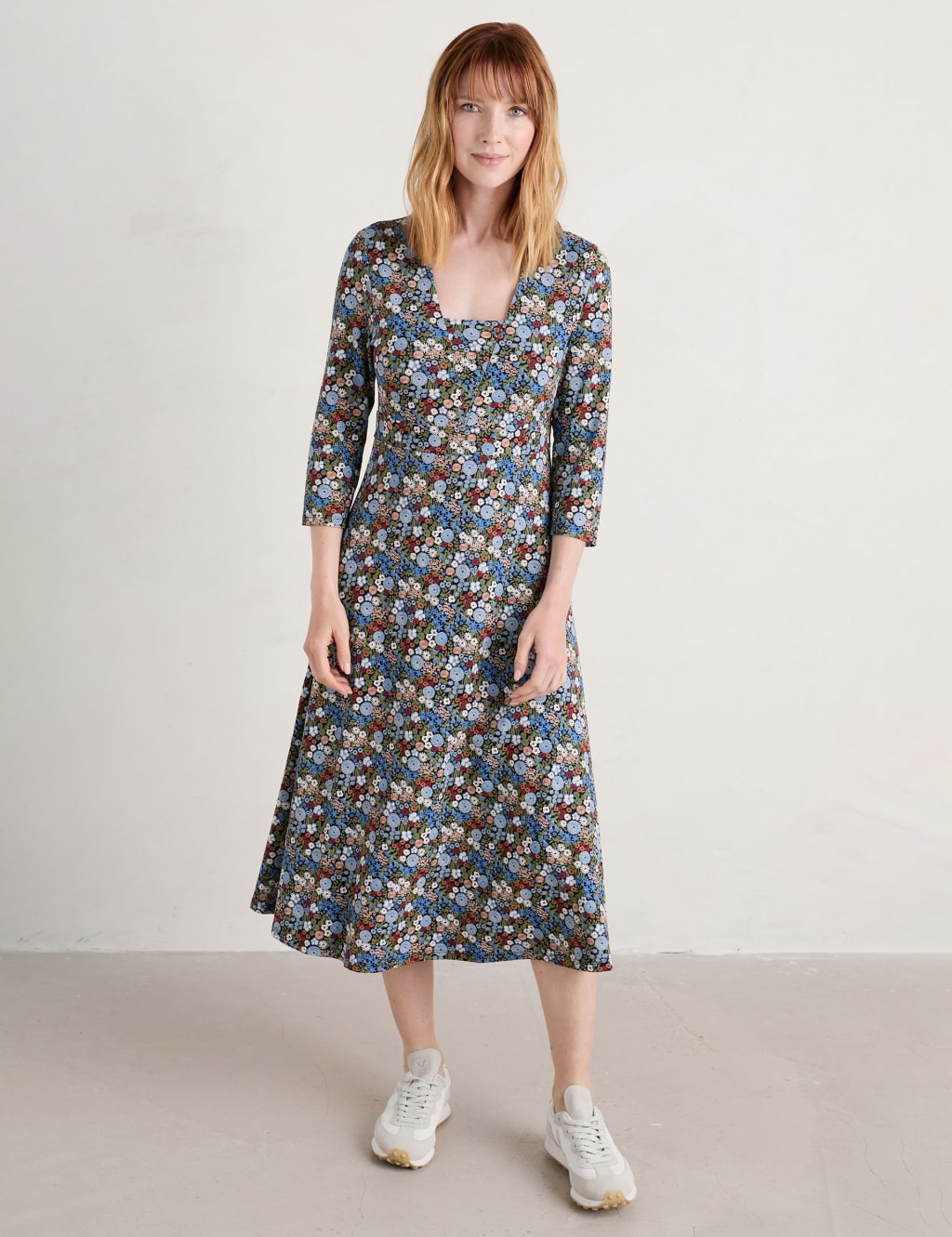 Cotton Rich Floral Square Neck Midi Dress image 1