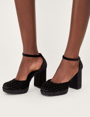 Monsoon Womens Velvet Sparkle Ankle Strap Platform Heels - 42 - Black, Black