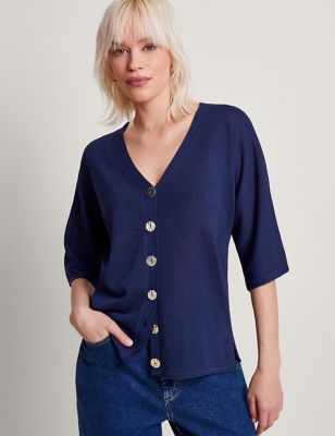 Monsoon Womens Button Front Cardigan with Linen - M - Navy, Navy,Ivory