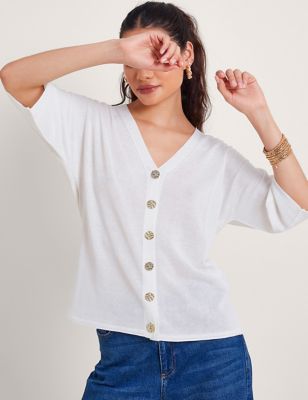 Monsoon Womens Button Front Cardigan with Linen - XL - Ivory, Ivory,Navy