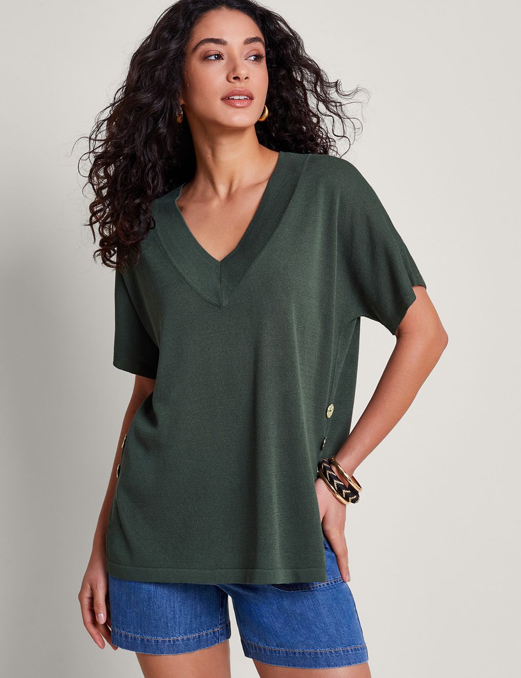 V-Neck Button Detail Knitted Top with Linen