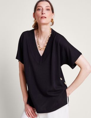 Monsoon Women's V-Neck Button Detail Knitted Top with Linen - M - Black, Black,Khaki