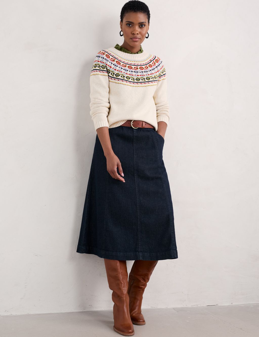 Cotton Rich Denim Midi A-Line Skirt