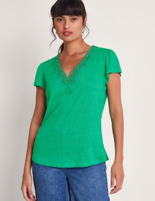 Monsoon Womens Pure Linen V-Neck Lace Detail T-Shirt - M - Green, Green,Ivory