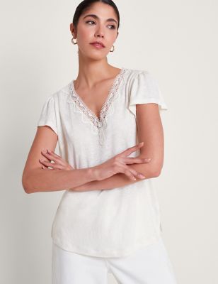 Monsoon Womens Pure Linen V-Neck Lace Detail T-Shirt - XXL - Ivory, Ivory,Green