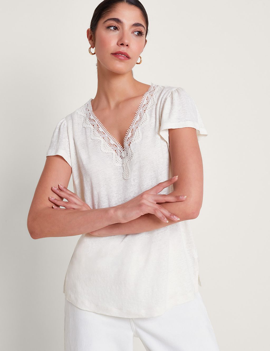 Pure Linen V-Neck Lace Detail T-Shirt