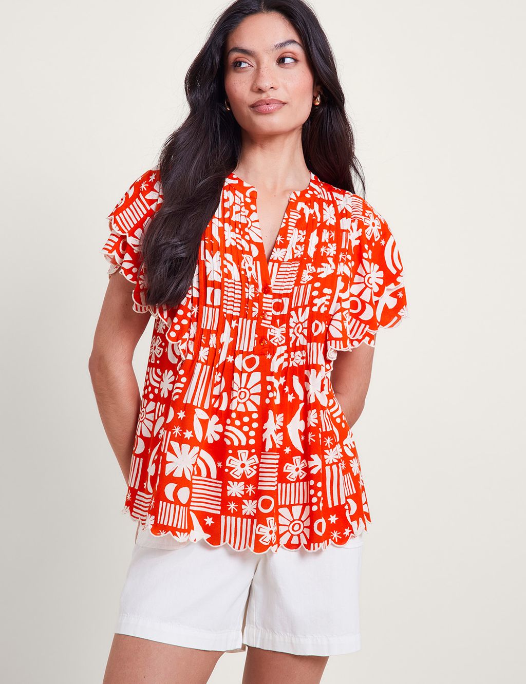 Printed Pleated Notch Neck Top