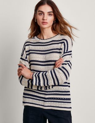 Monsoon Womens Pure Cotton Striped Crew Neck Jumper - Ivory Mix, Ivory Mix