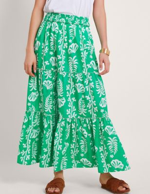 Monsoon Womens Pure Cotton Floral Maxi Tiered Skirt - Green Mix, Green Mix