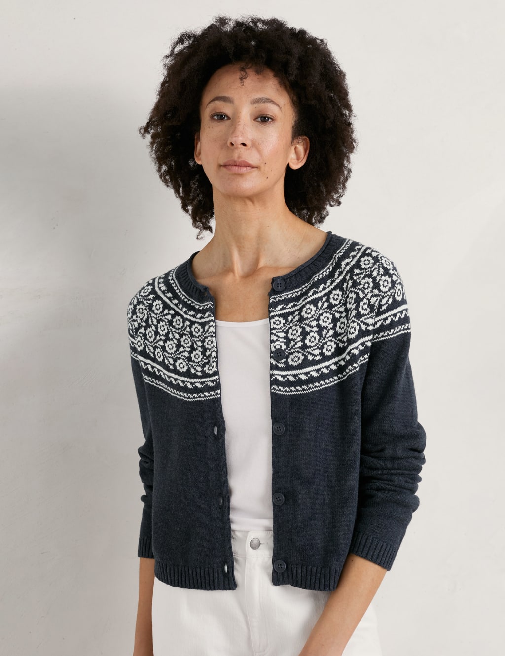 Pure Cotton Fair Isle Crew Neck Cardigan image 3