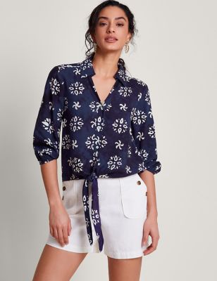 Monsoon Womens Floral Batik Tie Front Button Through Shirt - XXL - Navy Mix, Navy Mix