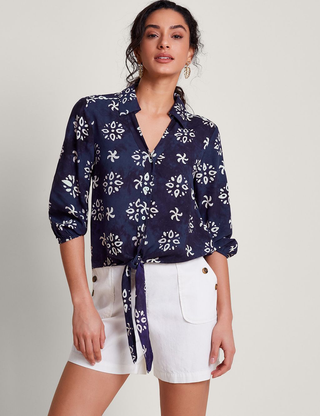 Floral Batik Tie Front Button Through Shirt