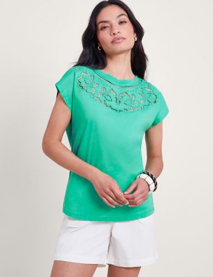 Monsoon Women's Pure Cotton Cutwork Detail T-Shirt - XL - Green, Green