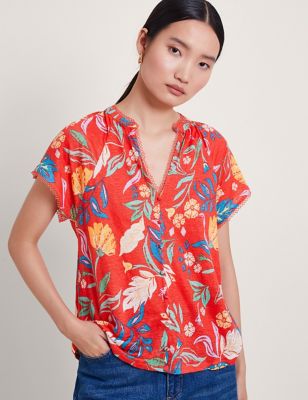 Monsoon Womens Pure Linen Floral V-Neck Button Through Shirt - Red Mix, Red Mix