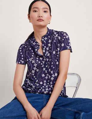 Monsoon Women's Pure Linen Floral Notch Neck Shirt - Navy Mix, Navy Mix