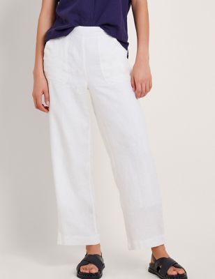 Monsoon Womens Pure Linen Straight Leg Cropped Trousers - White, White