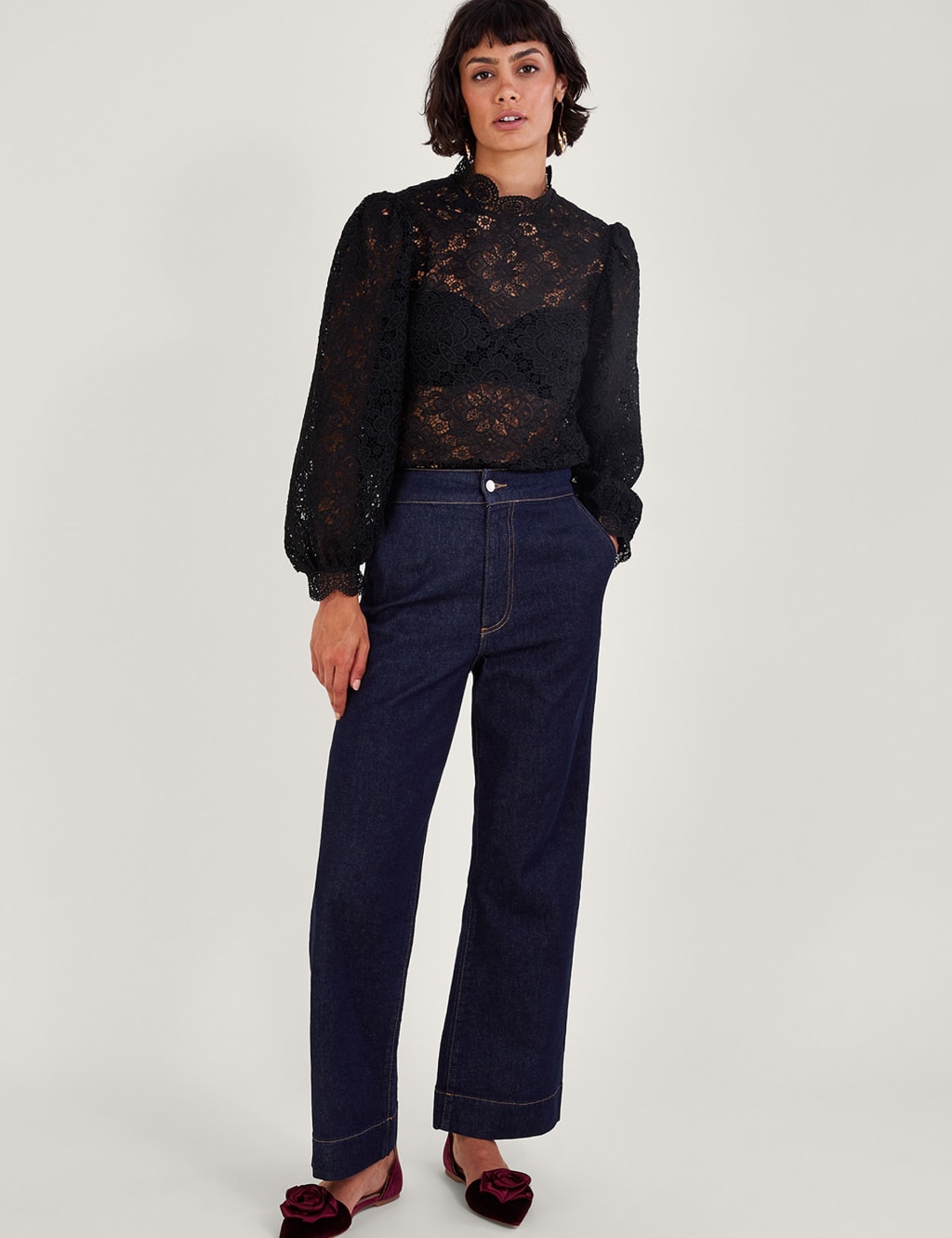 Lace High Neck Blouson Sleeve Blouse image 3