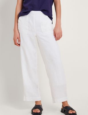 Monsoon Women's Pure Linen Ankle Grazer Trousers - M - White, White