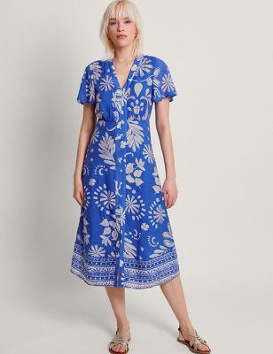 Monsoon Women's Floral V-Neck Button Through Midi Tea Dress - 8 - Blue Mix, Blue Mix