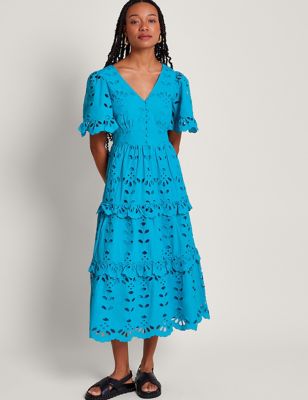 Monsoon Womens Pure Cotton Broderie Midi Tea Dress - Turquoise, Turquoise