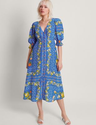 Monsoon Womens Floral V-Neck Midi Tea Dress - 14 - Blue Mix, Blue Mix