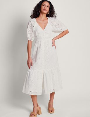 Monsoon Women's Pure Cotton Broderie Midi Tiered Dress - 18 - White, White